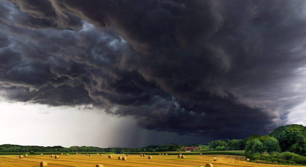 Dunkle Wolken ziehen über einem Feld auf.